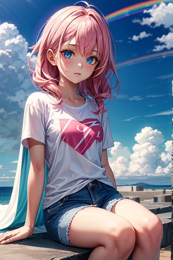 ((best quality)), ((masterpiece)), (detailed), 1girl, Pink hair, blue eyes, white t shirt, blue Jean shorts, rainbow cape, sitting on cloud, young. Ethereal beauty.