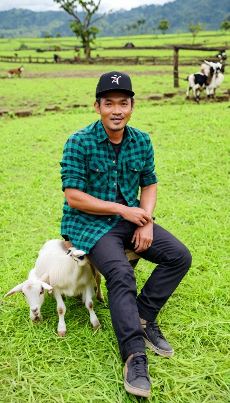full body shot of indonesian man 38 yo, clean face brown skin tone,medium hair, little bit skinny, wear flannel shirt and black cap, sitting at green grass farm with goats, little cute goat playing on his side, realistic photography