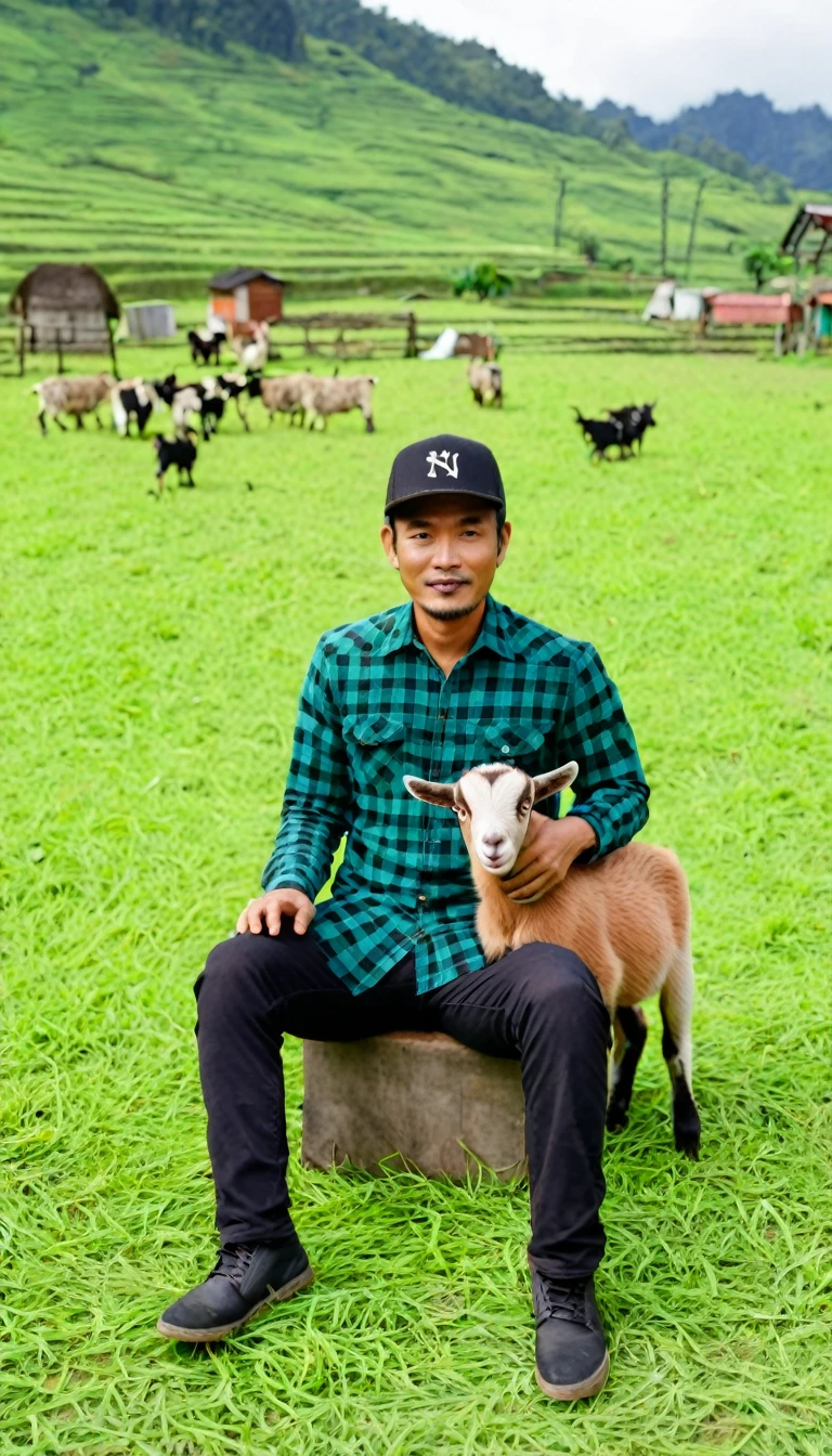 full body shot of indonesian man 38 yo, clean face brown skin tone,medium hair,  little bit skinny, wear flannel shirt and black cap, sitting at green grass farm with  goats, little cute goat playing on his side, realistic photography 