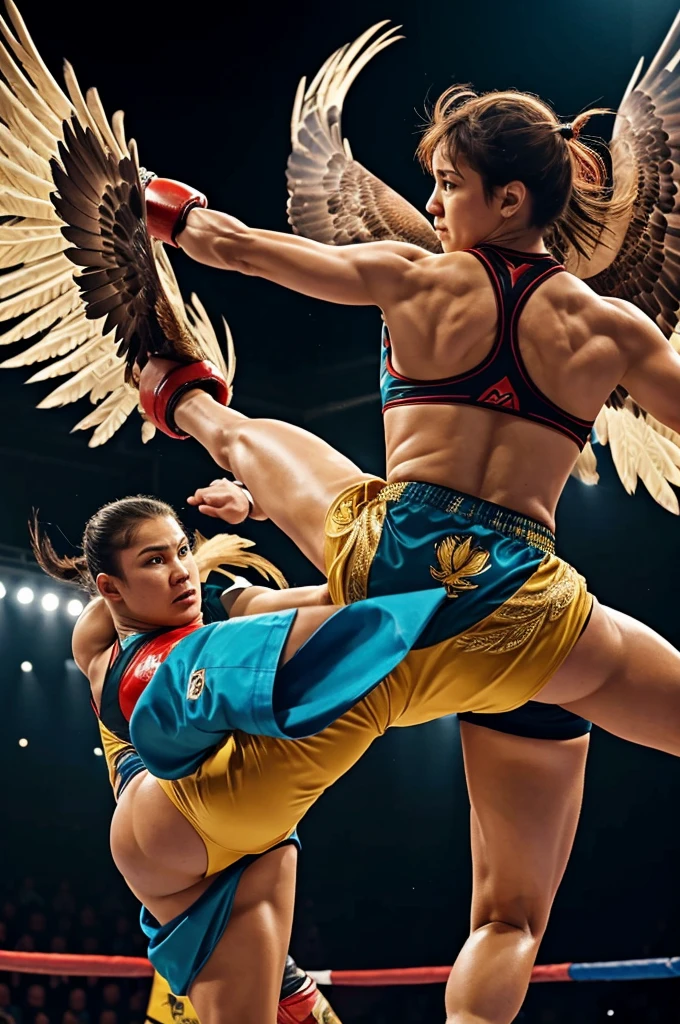 ((Best quality)), ((Masterpiece)), (detailed), perfect Sure, here you have the description adjusted to specify that it is an animation:
"Please, Create an animated image in which an animated person is performing various kickboxing figures or moves. In the background of the image, there must be an animated eagle that unfurls, with feathers of many bright and striking colors. Make sure the animated person is in the foreground, and have the animated eagle appear clearly in the background. Kickboxing moves must be clearly visible and the image must highlight both the animated person and the animated eagle as main elements."