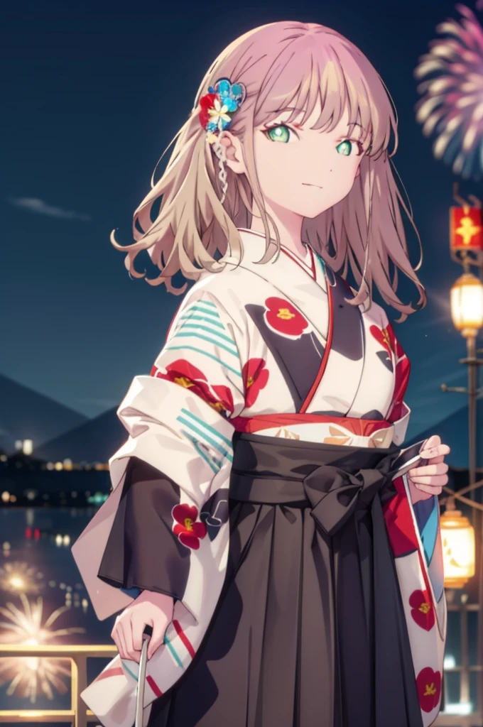 Yume Minami,sss dynazenon ,Brown Hair,Green Eyes,hair tied back,Flower hair ornament,Black Japanese Clothing,Thick sleeves,Long skirt,Sandals,So that the whole body goes into the illustration,smile,Fireworks in the night sky,Fireworks,The place is a fireworks display、Time is night,日本のFestivalり,夏Festivalりの屋台、Red lantern,break outdoors, Festival,break looking at viewer, Upper Body,(Cowboy Shot:1. 5) , break (masterpiece:1.2), Highest quality, High resolution, unity 8k wallpaper, (shape:0.8), (Beautiful and beautiful eyes:1.6), Highly detailed face, Perfect lighting, Extremely detailed CG, (Perfect hands, Perfect Anatomy),