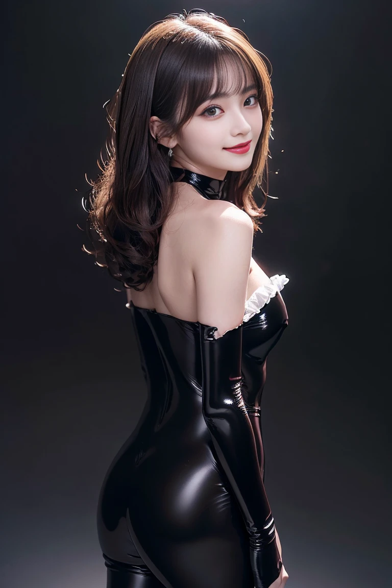 (Masterpiece: 1.3)、High resolution、Super detailed、Highly detailed CG Unity 8k wallpaper、Real、Photorealistic、RAW Photos、Beautiful detailed face、White skin、Realな輝く肌、Detailed Fabric Texture、Detailed Hair Texture、Perfect body、Beautiful Face、correct、解剖学的にcorrect、Highly detailed face and skin texture、Natural neck length、（Beautiful Hands）、（Fair skin：1.2）、Thin legs、Thin legs、BREAK、Detailed and beautiful eyes、Symmetrical eyes、Light brown eyes、double eyelid、Thin eyebrows、（Beautiful and elaborate face，Beautiful and delicate eyes）Beautiful adult woman in a red and black frilly saloon girl outfit, skinny(Glossy lips: 1.4)、((A kind smile: 1.2), Great face and eyes （Realな黒髪），Short Curly Hair，Bob cuts his hair,Fine and beautiful eyes,Perfect Proportions,(Overflowing big),(A full-body shot from behind), Very beautiful and cute girl,22 years old,(anime),Kamimei, Pitch black background,(Solid black background),alone,
