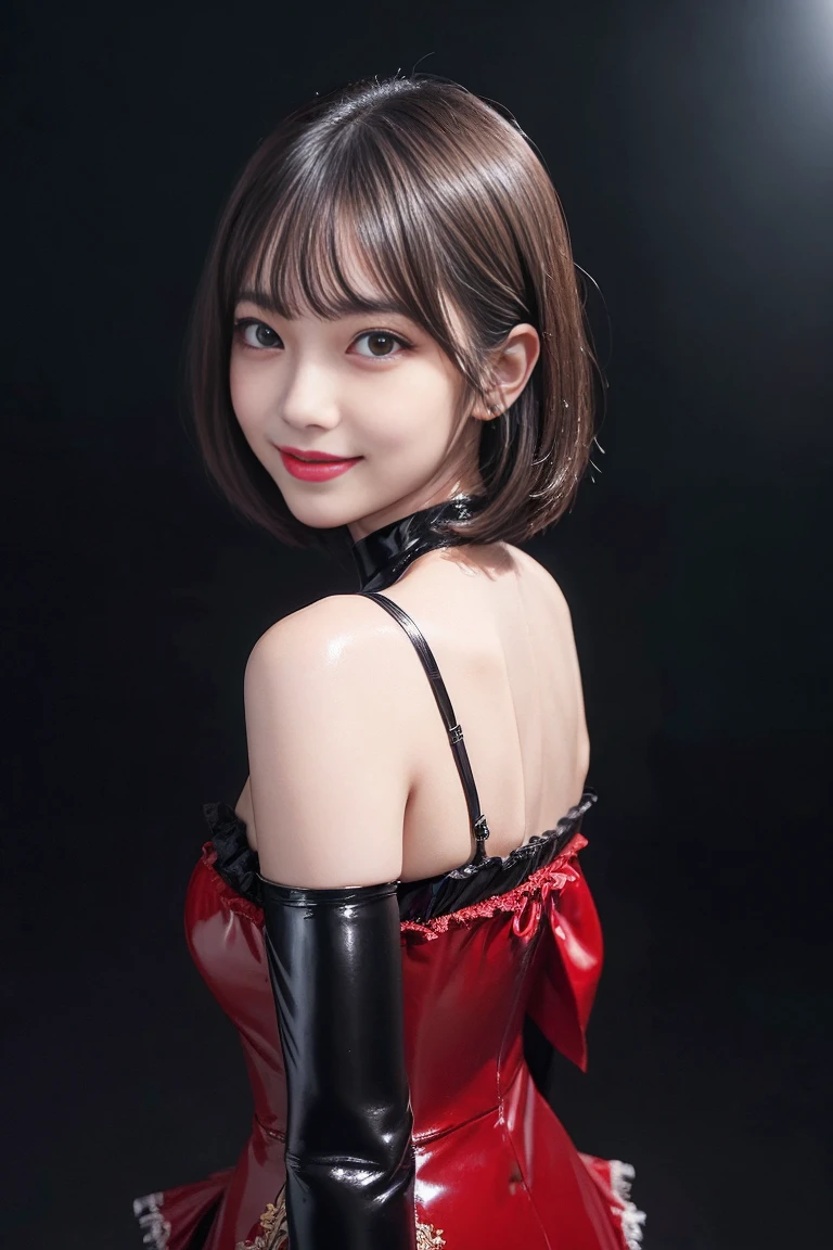(Masterpiece: 1.3)、High resolution、Super detailed、Highly detailed CG Unity 8k wallpaper、Real、Photorealistic、RAW Photos、Beautiful detailed face、White skin、Realな輝く肌、Detailed Fabric Texture、Detailed Hair Texture、Perfect body、Beautiful Face、correct、解剖学的にcorrect、Highly detailed face and skin texture、Natural neck length、(Beautiful Hands)、(Fair skin:1.2)、Thin legs、Thin legs、BREAK、Detailed and beautiful eyes、Symmetrical eyes、Light brown eyes、double eyelid、Thin eyebrows、(Beautiful and elaborate face,Beautiful and delicate eyes)Beautiful adult woman in a red and black frilly saloon girl outfit, skinny(Glossy lips: 1.4)、((A kind smile: 1.2), Great face and eyes (Realな黒髪),Short Curly Hair,Bob cuts his hair,Fine and beautiful eyes,Perfect Proportions,(Overflowing big),(A full-body shot from behind), Very beautiful and cute girl,22 years old,(anime),Kamimei, Pitch black background,(Solid black background),alone,