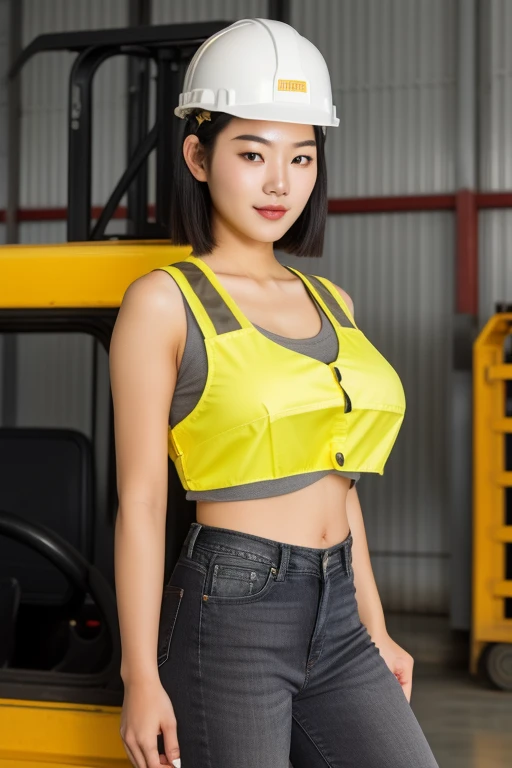 full body, A young korean beautiful girl, 20-year-old, sexy girl, strikingly beautiful, black hair, (big breasts:1.2), delicate facial features, porcelain skin, expressive eyes, black hair, short hair, T-shirt, denim, safety vest, wearing a yellow project helmet bearing the "EKI" logo, wearing safety shoes gray. standing next to a forklift, project background, realistic