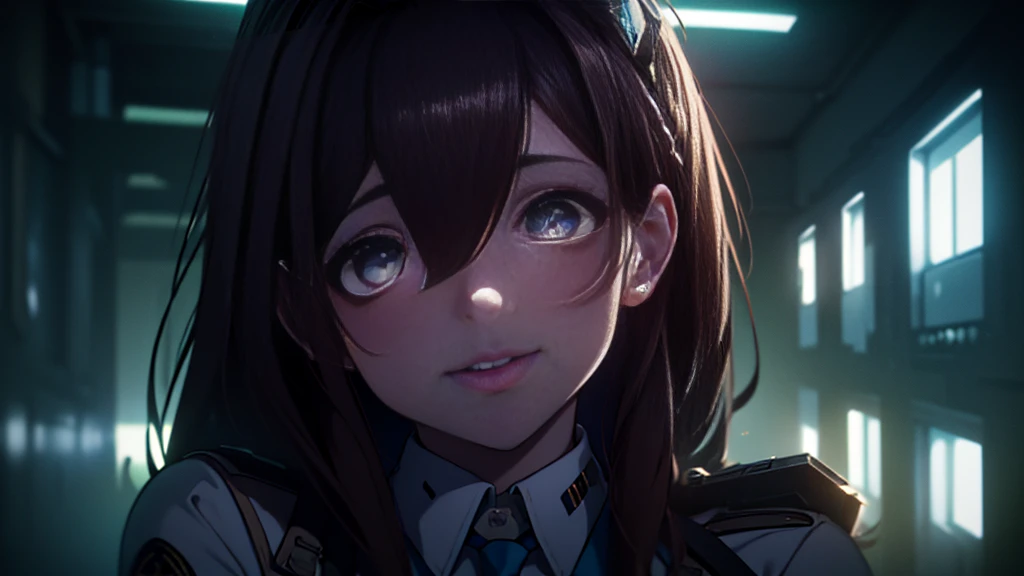 ((Best quality)), ((masterpiece)), (detailed:1.4), 3D, an image of a beautiful cyberpunk female, Yandere , Yandere Face , Trance , Trance Eyes , yameroyandere , constricted pupils , yandere , empty eyes . shaded face , crazy eyes , glowing brown eyes , crazy smile , Marian , tied hair, long brown hair , White Military Uniform , Brown Eyes, Blue Barret, Blue Necktie ,Blue Ribbon , White undercloth, large breasts, HDR (High Dynamic Range),Ray Tracing,NVIDIA RTX,Super-Resolution,Unreal 5,Subsurface scattering,PBR Texturing,Post-processing,Anisotropic Filtering,Depth-of-field,Maximum clarity and sharpness,Multi-layered textures,Albedo and Specular maps,Surface shading,Accurate simulation of light-material interaction,Perfect proportions,Octane Render,Two-tone lighting,Wide aperture,Low ISO,White balance,Rule of thirds,8K RAW,