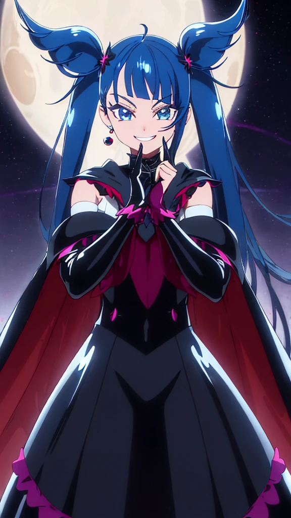 Highest quality, Super detailed,One girl, alone, {cure_null_hirogarunullprecure:1.15}, Dark blue hair, blue eyes, Blue flames in the eyes, Long Hair, Twin tails, Magical girl, bangs, Open your mouth, Redhead, multicoloRedhead, One girl, blunt bangs, Darken your clothes, hair ornaments, Wicked Smile, devilish aura (Shiny fabric:1.5), Full Body Shot, Purple Gemstone, Fascinating, blush, (Beautiful attention to detail:1.6), Highly detailed face, Perfect lighting, Highly detailed CG, (Perfect hands, Perfect Anatomy), devil, Red and black color scheme, Shiny material, Grin, Black Ribbon, Black satin gloves, Evil clover leaf ornament, Black ruffles, jewelry, corruption, Latex gloss, Black Gothic Cloak, Wicked Smile, Dark world background, Red Moon, cloudy null, CG Style, One-sided black wing,deep shaded face,sadistic smile,Malice,contempt,laugh at,