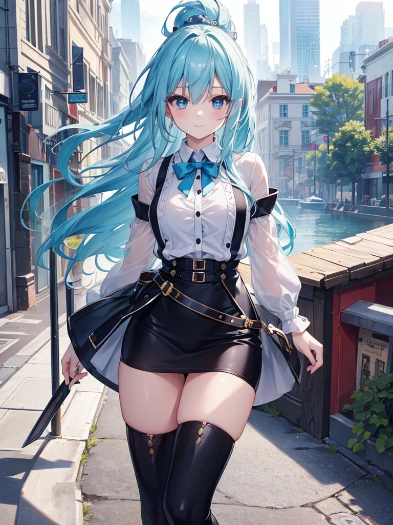 Gorgeous image quality, 8 k, high quality, masterpiece:1.2), ((masterpiece)), (high detail, high quality, Best Image Quality), solo, 1 girl, Konosuba ,aqua, blue hair, Blue eyes, detailed face, cheerful face, smiling, looks at the viewer,masterpiece, Beautiful art, art style by sciamano240, очень detailed face, detailed hair, detailed clothing, detailed fabric, Beautiful face, wear an open shirt, black Dior thigh-high boots, black pencil skirt, white shirt with buttons, I&#39;m standing, Stooping, huge breasts, middle thighs, turmoil, School Environment