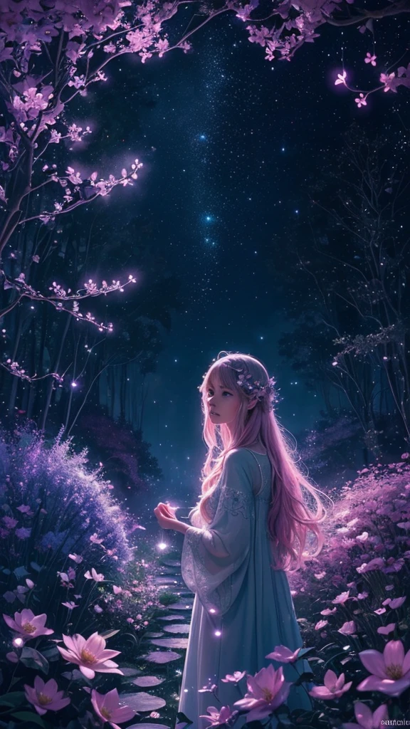 (best quality,ultra-detailed,realistic:1.37),magical, ethereal, night, vibrant plants, mystical atmosphere, spirit blossom, night sky, glowing stars, constellations, fireflies, enchanting atmosphere, pink blue colour scheme, magical realm, fantasy, spiritual realm