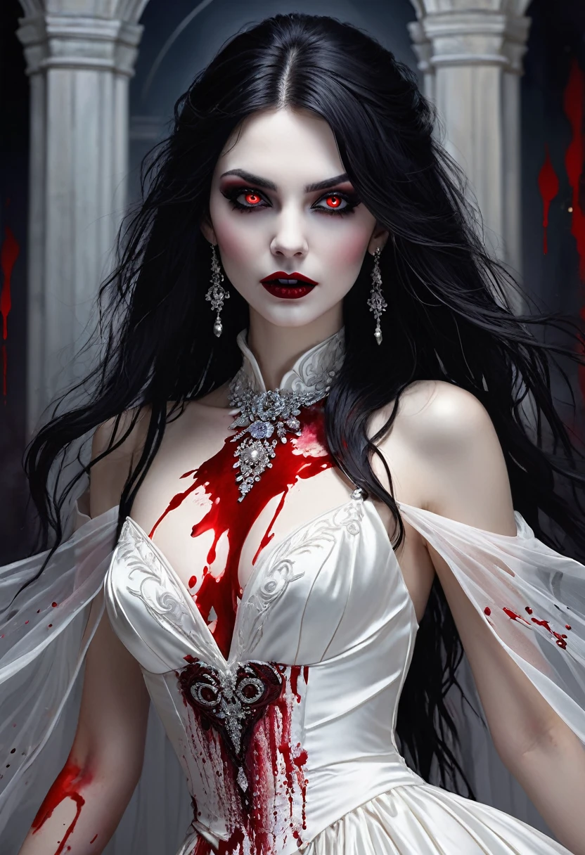 fantasy art deco (art deco: 1.5) A (black and white: 1.5) glamours (vampire: 1.5) model shot, RAW, award winning, of an exquisite beautiful 1solo female vampire, ultra feminine, full body, busty woman, most beautiful face ultra detailed face, long hair, wavy hair, pale skin, glowing (red: 1.3) eyes, wearing (blue: 1.5) silk corset glamour, intricate dress, studded with (black opals: 1.3) wearing intricate high heels, lying in bed, light make up, modern day high society bedroom background, (black and white filter: 1.4), (anatomically correct: 1.4), 1960s photoshoot style, picture taken from dynamic range, vibrant, Ultra-high resolution, High Contrast, (masterpiece:1.5), highest quality, Best aesthetics), best details, best quality, highres, ultra wide angle, 16k, [ultra detailed], masterpiece, best quality, (extremely detailed), Intense Gaze, RedGlitter, dark novel, Blood_Covered, goth person