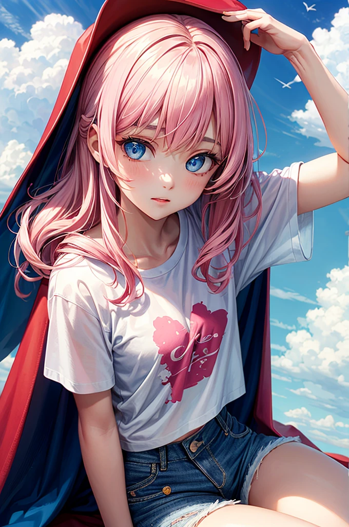 ((best quality)), ((masterpiece)), (detailed), 1girl, Pink hair, blue eyes, white t shirt, blue Jean shorts, rainbow colored cape, sitting on cloud, young. Ethereal beauty.