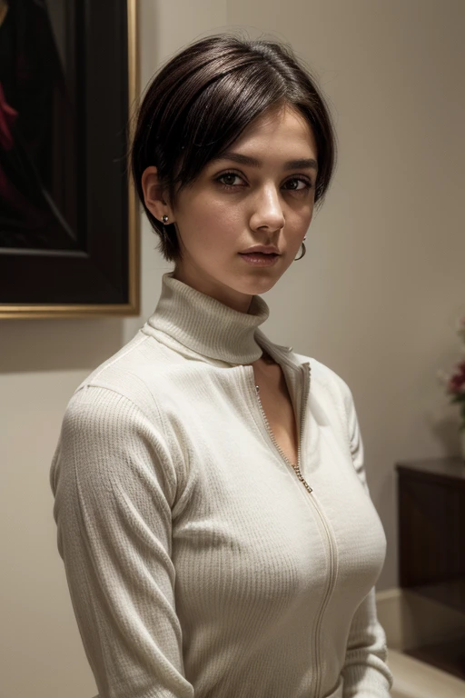 (masterpiece, Best Quality, 1 girl, Alone, intricate details, chromatic aberration), realist, ((medium breath)),short hair, black hair, red decoration on the head, Honey eyes, earrings, almond eyes, roman nose, collar, black shirt, white pants, blossomed jacket, turtleneck, Look at the viewer, neutral background