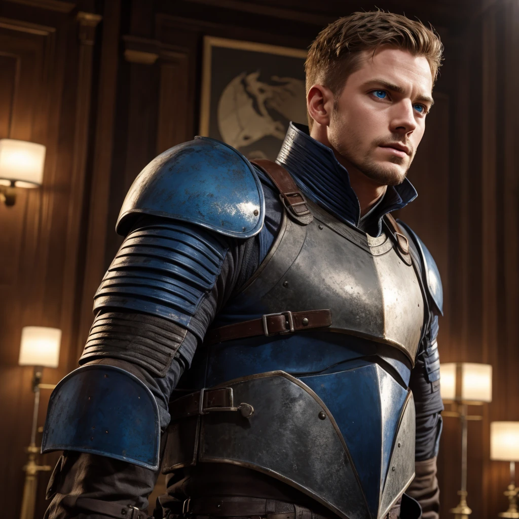 Knight, 4k, ultrarealistic, short hair, blue eyes, 29 years old, strong, solo, large, muscular