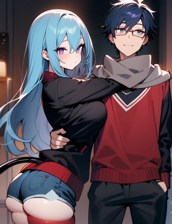 1 girl and 1 boy The girl: (masterpiece), best quality, expressive eyes, perfect hybrid succubus girl face, short girl, long cyan and blue hair, magenta eyes, glasses, happy, black sports top, red thigh - High stockings , demon tail, golden necklace with a black stone, blue jean shorts, big and perfect breasts, thick thighs, perfect ass. The Boy: (masterpiece), best quality, high quality, 1 hybrid demon ager, male focus, tall, dark blue hair, purple eyes, gray scarf, red sweatshirt with black sleeves, black pants, black and white sneakers. The girl hugs the boy, feeling his warmth.