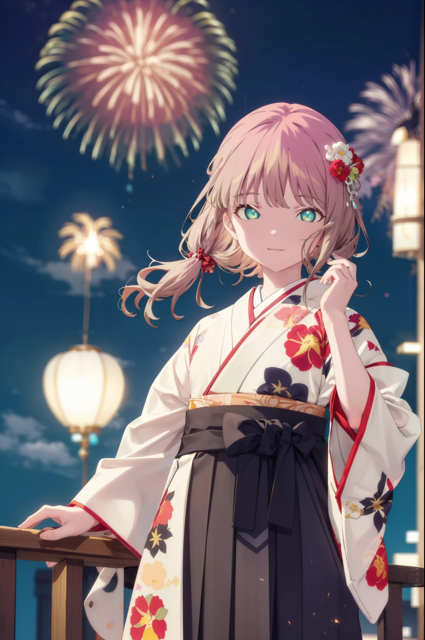 Yume Minami,sss dynazenon ,Brown Hair,Green Eyes,hair tied back,Flower hair ornament,Black Japanese Clothing,Thick sleeves,Long skirt,Sandals,So that the whole body goes into the illustration,smile,Fireworks in the night sky,Fireworks,The place is a fireworks display、Time is night,日本のFestivalり,夏Festivalりの屋台、Red lantern,break outdoors, Festival,break looking at viewer, Upper Body,(Cowboy Shot:1. 5) , break (masterpiece:1.2), Highest quality, High resolution, unity 8k wallpaper, (shape:0.8), (Beautiful and beautiful eyes:1.6), Highly detailed face, Perfect lighting, Extremely detailed CG, (Perfect hands, Perfect Anatomy),