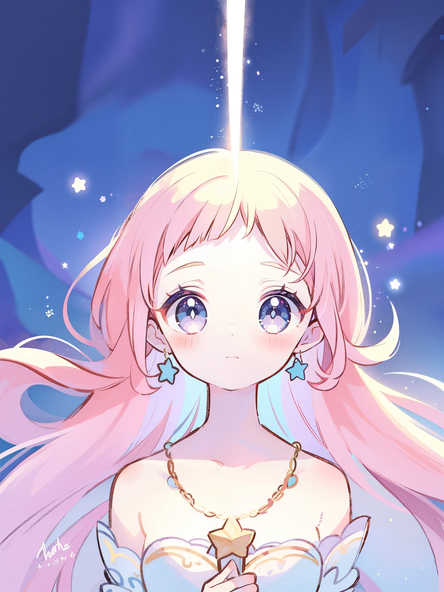 complex background, wishing star background, magical girl wearing an ethereal mystical pink translucent dress that reflects the stars, close up, sparkling detailed eyes, golden ratio face, perfect composition, perfume promo art, mystic, complex drawing, highly detailed, Covergirl brand, promo art, artistic rendition, ethereal, starry night, midjourney style