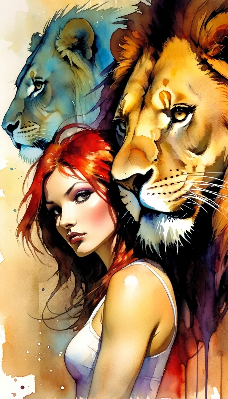 strength, girl and a lion (art inspired by Bill Sienkiewicz).