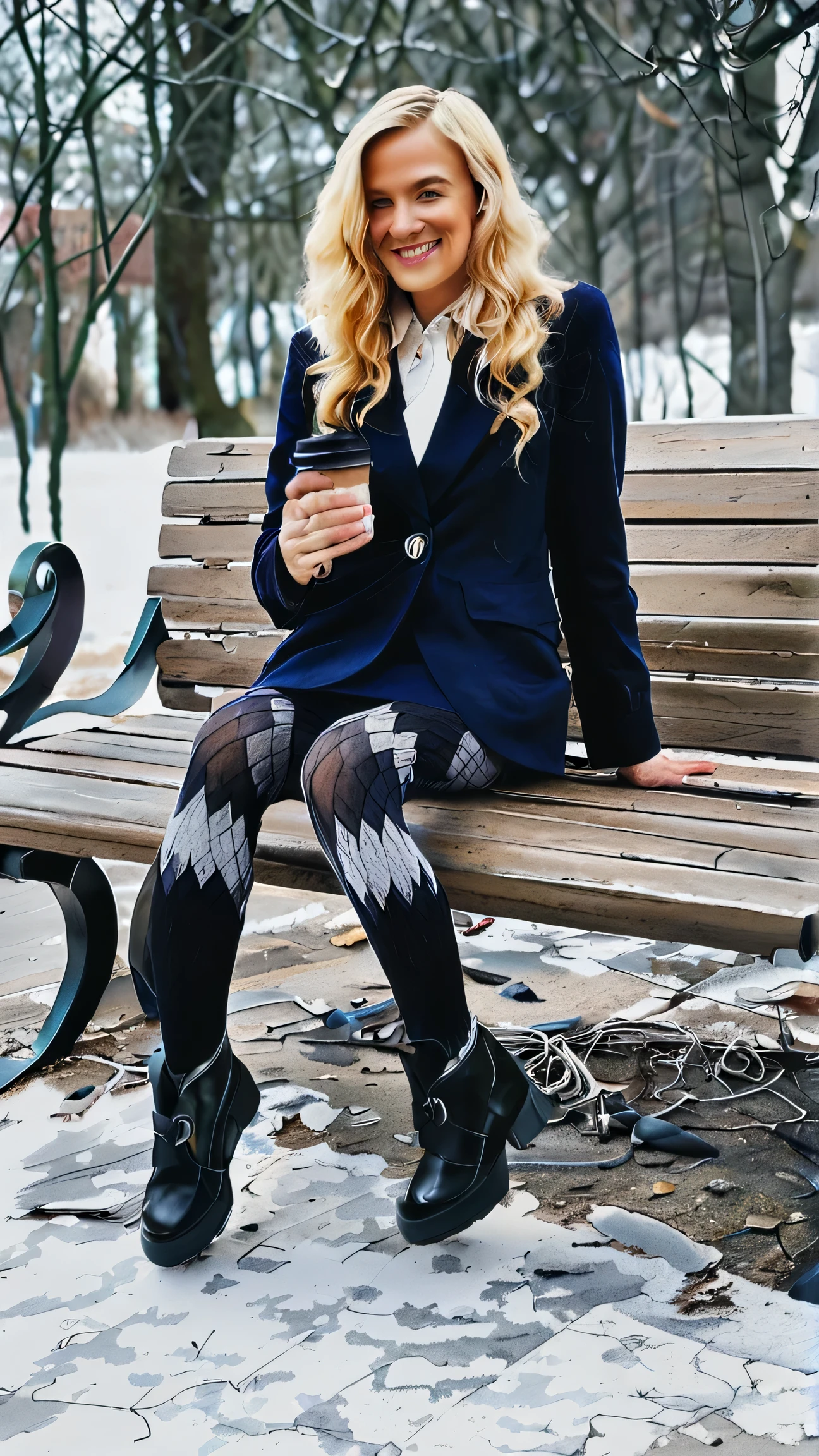 Real, realistic, fashion photography, 1girl, full body, Caucasian woman, blonde curly hair, sitting on a park bench, winter time, snow, (wearing white L4c3, Chevron printed L4c3:1.4),  ankle boots, cowl neck sweater dress, form fitting, black winter gloves, holding a Starbucks coffee, smiling