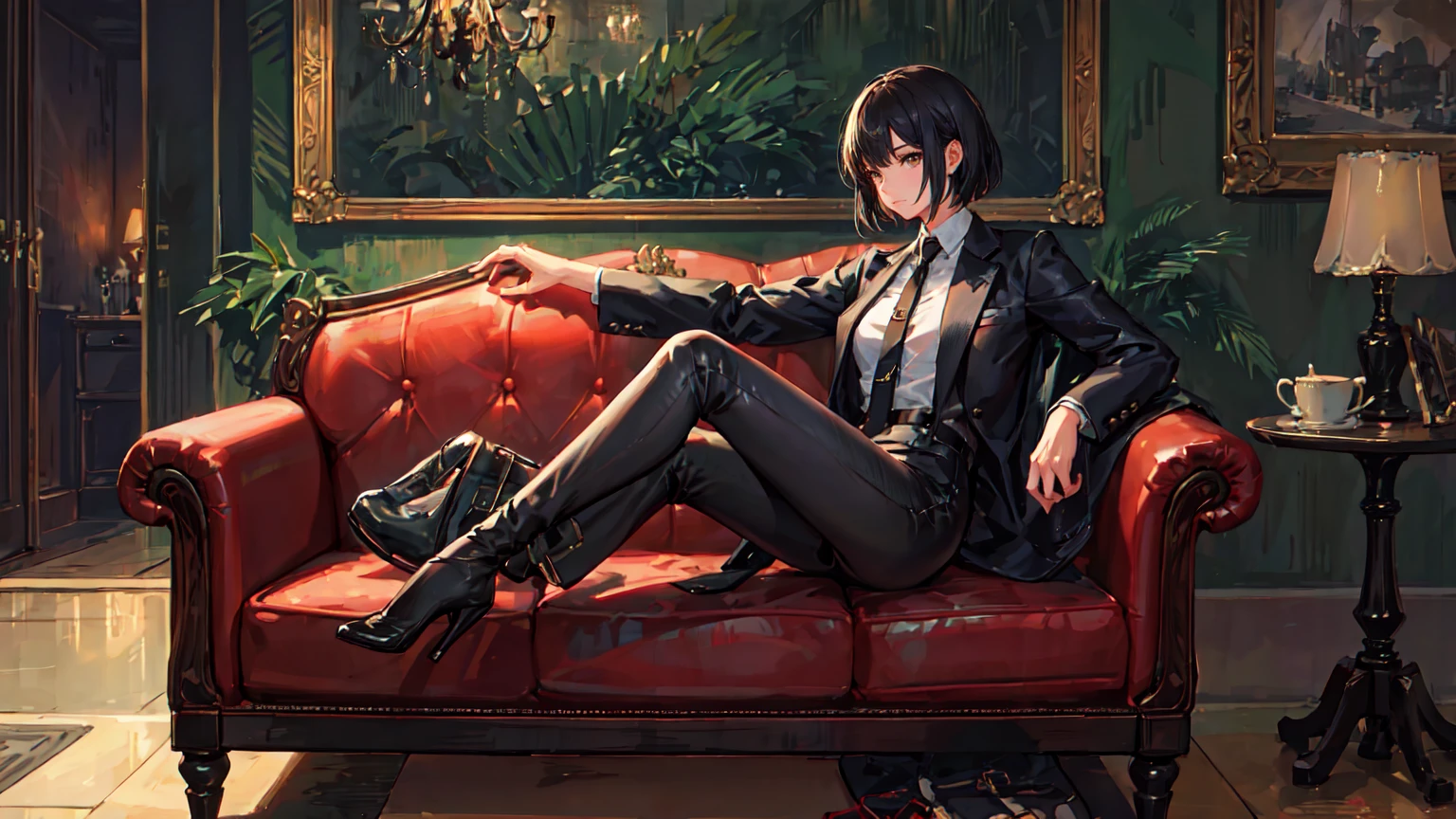 (Masterpiece, Best Quality, Ultra High Resolution , Digital Art,Beautiful and Aesthetic ) . ( One Fashionable adult girl with a short oblique bob, slender figure, expressive and dominating look ) in modern men's suit in youth style , matte black color , lovely thin white but long tie , (silk thick threads of red color connect the necklines on the sides of the whole suit) , . The character sits on a large massive sofa with lots of leather and metal patterns on it in vintage style , an interesting and atmospheric pose that characterizes the character , .