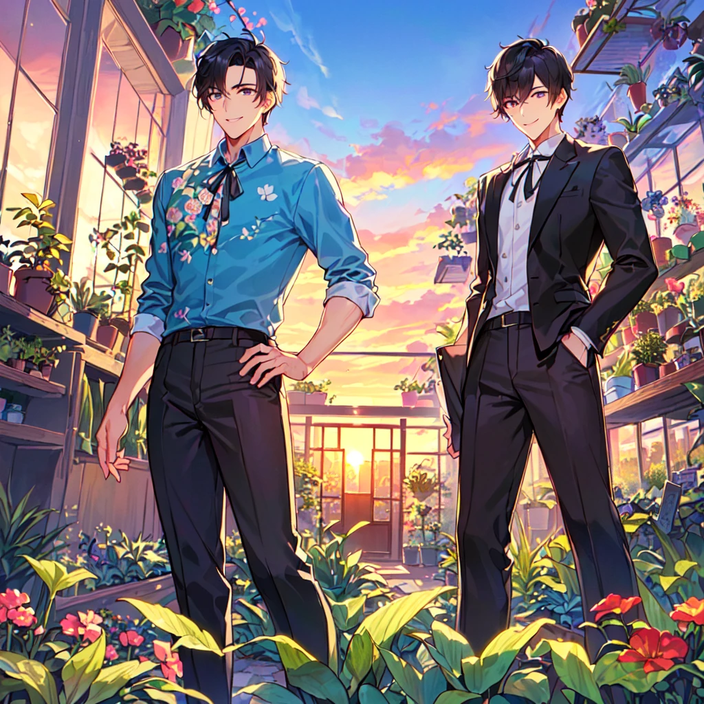 masterpiece,best quality,high quality,(1 male austere handsome solo adult age 30 years old:1.5), purple eyes, cool with suspended eyes, V-shaped eyebrows, body strong and fearless 8.5 head tall, height 185cm, (well-groomed black short hair down to neck:1.4), (bangs 7 thirds parted:1.4), slender nose, facial muscles, throat, (pants in houseplant print fashion:1.3), (standing), (stylish pose), (fearless smile:1.3), (botanical garden full of houseplants in background:1.5), (sunset:1.2)