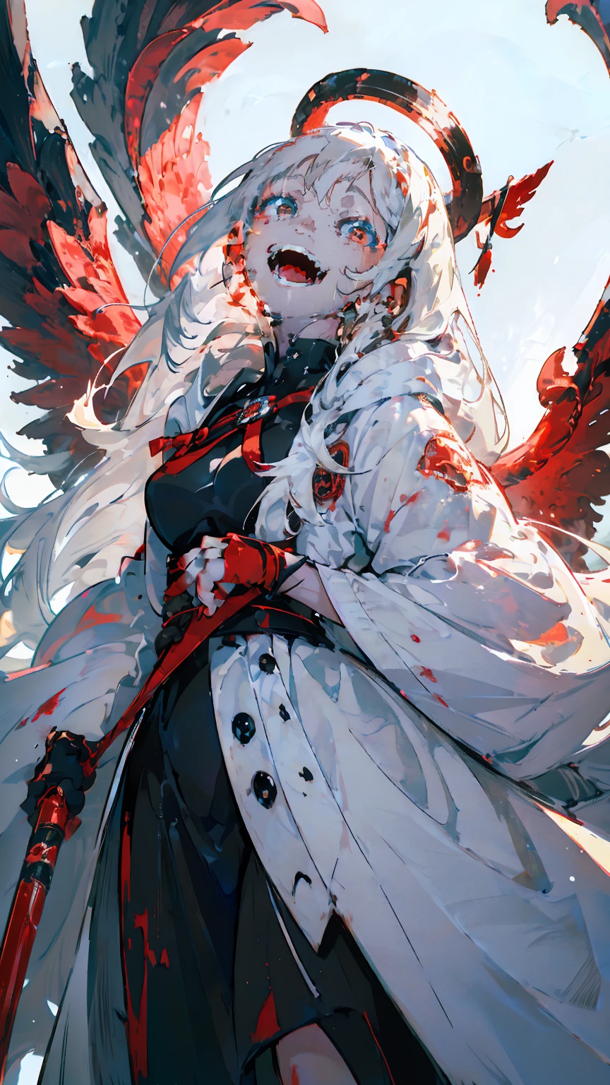 (woman\(A blood-red, dark angel halo is on his head., Angel Girl,My mouth is split,Pure white hair,Red eyes, Pure white skin, White costume,The girl is laughing wildly with her mouth wide open,Eyes with dilated pupils,Scary,A large amount of dark red liquid drips from the mouth and eyes.,Crazy smile,Monster,Monster mouth,\) pure white world、Looking up at me,Attacking pose,Wings made of blood (I&#39;m in the beautiful outdoors, Monster tentacles,Horror, mysterious,Blood Monster (Dark red liquid floating in the air,Spooky background),quality\(8K,非常に精細なCGユニットのwallpaper, masterpiece,High resolution,top-quality,top-quality real texture skin,Surreal,Increase the resolution,RAW Photos,最高quality,Very detailed,wallpaper,Cinema Lighting,Ray-tracing,Golden Ratio\),Long Shot,Overall, it looks ephemeral.,The depiction range is from the waist up,qualityの高い顔の描写,High-resolution facial depiction,ephemeral,Low saturation,***********,1 person, evil spirit