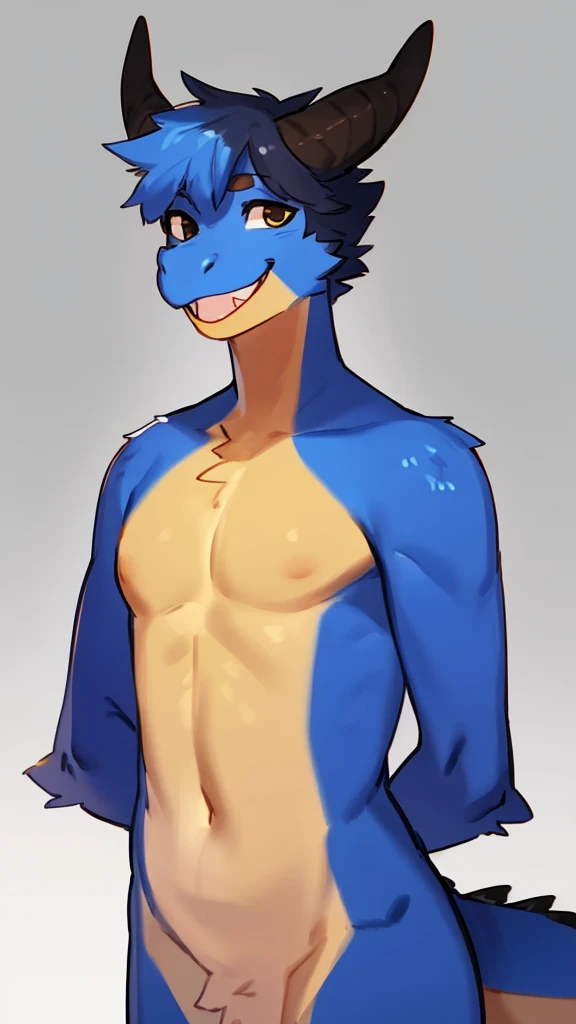 By bebebebebe, by lostgoose, by goonie-san, solo, standing, femboy, dragon, sexy, hair, smiling, happy, nude