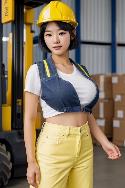 cowboy shot, A young korean beautiful girl, 20-year-old, strikingly beautiful, black hair, (big breasts:1.2), delicate facial features, porcelain skin, expressive eyes, black hair, short hair, T-shirt, denim, safety vest, wearing a yellow project helmet bearing the "EKI" logo, wearing safety shoes gray. standing next to a forklift, project background, realistic