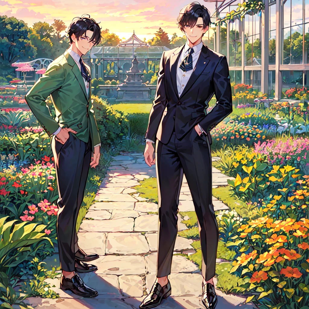 masterpiece,best quality,high quality,(1 male austere handsome solo adult age 30 years old:1.5), purple eyes, cool with suspended eyes, V-shaped eyebrows, body strong and fearless 8.5 head tall, height 185cm, (well-groomed black short hair down to neck:1.4), (bangs 7 thirds parted:1.4), slender nose, facial muscles, throat, (pants in houseplant print fashion:1.3), (standing), (stylish pose), (fearless smile:1.3), (botanical garden full of houseplants in background:1.5), (sunset:1.2)