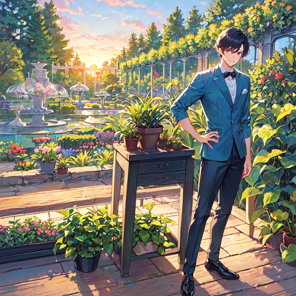 masterpiece,best quality,high quality,(1 male austere handsome solo adult age 30 years old:1.5), purple eyes, cool with suspended eyes, V-shaped eyebrows, body strong and fearless 8.5 head tall, height 185cm, (well-groomed black short hair down to neck:1.4), (bangs 7 thirds parted:1.4), slender nose, facial muscles, throat, (pants in houseplant print fashion:1.3), (standing), (stylish pose), (fearless smile:1.3), (botanical garden full of houseplants in background:1.5), (sunset:1.2)