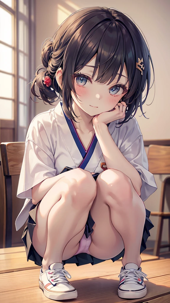 (Browsing Caution:0.99)、beautiful girl, (Roll up your skirt), looking at the camera, Angle from below, Short skirt, Squat, A shy smile, Japanese  , Beautiful Skin, ((Highest quality, 16K, Tabletop: 1.3)), 1 Girl, The light shines on your face, Highly detailed face, Highly detailed lips, Beautiful Eyes、Realistic looking skin、Cute design panties、Shaving、Various Hair Styles、Uniforms in different colors、Natural clothing、Vans Sneakers、bite、Detailed panties