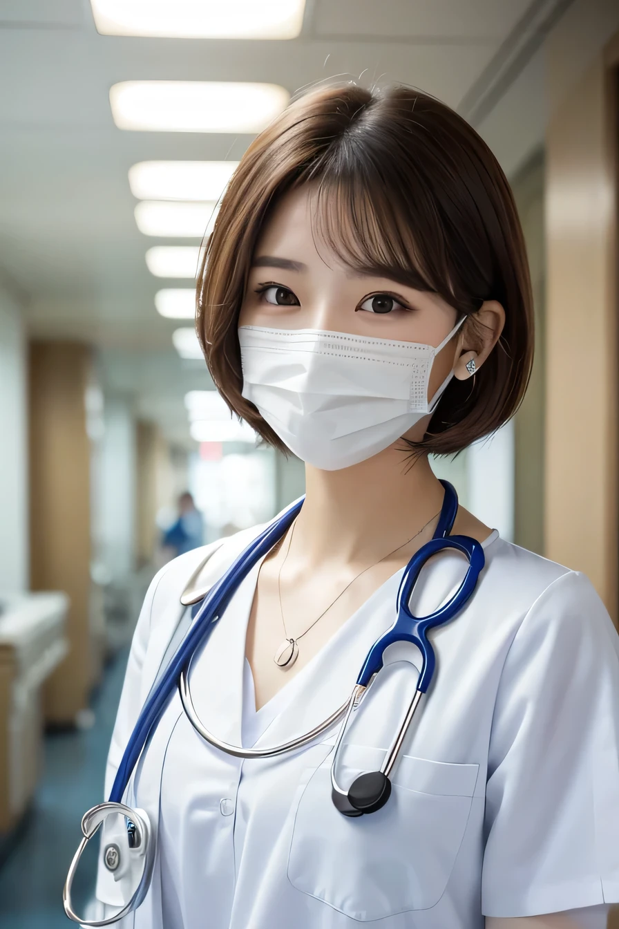 Beautiful young woman、 Korean women、Brown Hair、Necklace around the neck、White、Stethoscope、Mask on mouth、short hair、Intricate details, Very detailed:1.2), 、 Looking into the camera,The background is a hospital corridor..、ear piercing