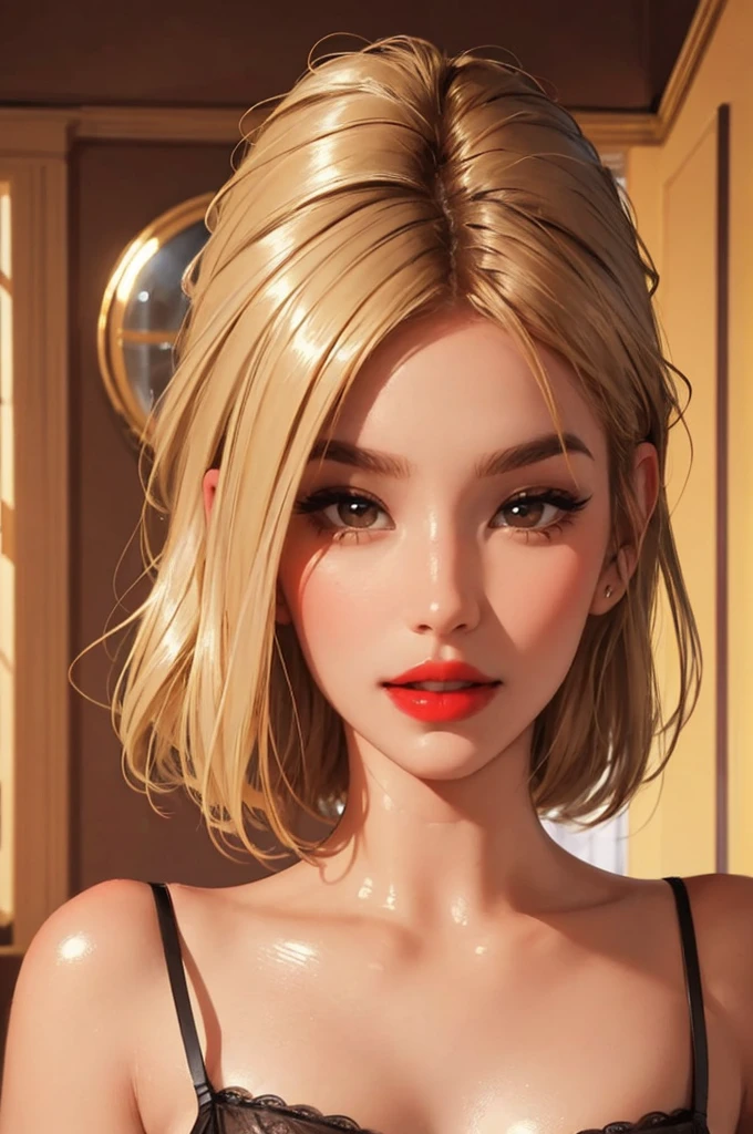 1girl,a beautiful fashion model ,(masterpiece, detailed background, best quality),short and shiny hair, light blomde hair with blonde highlights,smirk,juicy lips,red lips, calmart, lingerie, stripping, elegant makeup, (girl cocking her eyebrow)