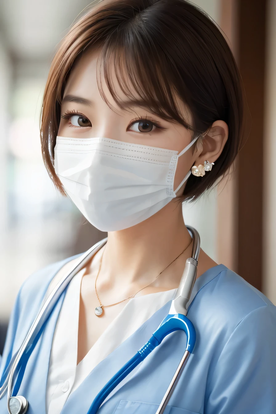 Beautiful young woman、 Korean women、Brown Hair、Necklace around the neck、White、Stethoscope、Mask on mouth、short hair、Intricate details, Very detailed:1.2), 、 Looking into the camera,The background is a hospital corridor..、ear piercing