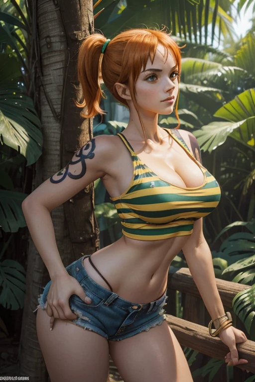 (masterpiece), best quality, expressive eyes, perfect face, (deep jungle background), (standing), (smirk), (back view), (1girl, 18 years old, Nami (one piece), fair skin, orange hair, brown eyes, hourglass figure, thin body, skinny body, petite_body, large breasts, huge breasts, oppai, large cleavage, wide hips, thick thighs), (nami (one piece), nami strong world clothes, short hair, pigtails, left shoulder tattoo, exposed cleavage, red strap shirt, green and yellow stripes, sleeveless, croptop, bracelet, minishorts, black shorts),