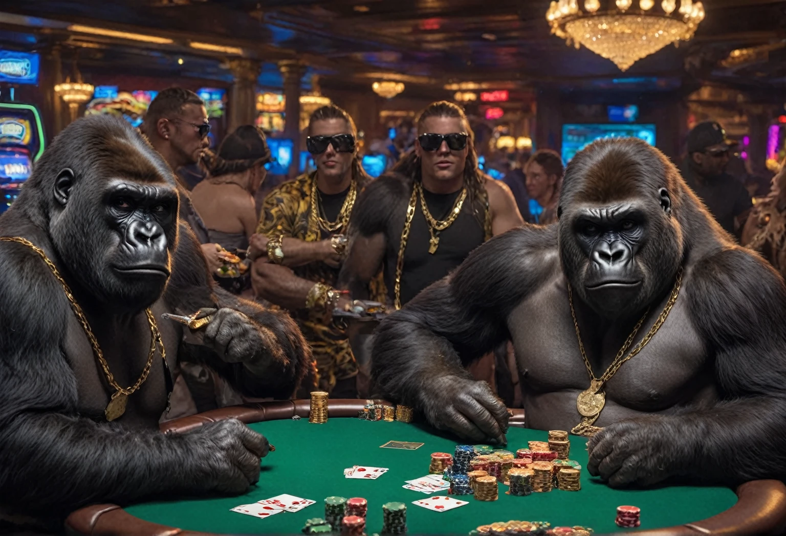 Raw photo, although gorillas play PlayStation, wearing huge gold chains, Poker table, Gorilla on the left wearing sunglasses, Gorilla on the right wearing a cap, very detailed hair, hyperrealism, difficult, masterpiece, 8 k, spicy, high detail, Beer on the table, Casino in the background, neon lights, tobacco, soft light,