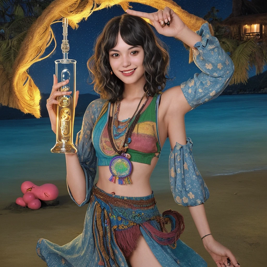 man,short wavy hair,smile,hippie outfit,Age 26,holding a bong,island,nighttime,5 fingers,