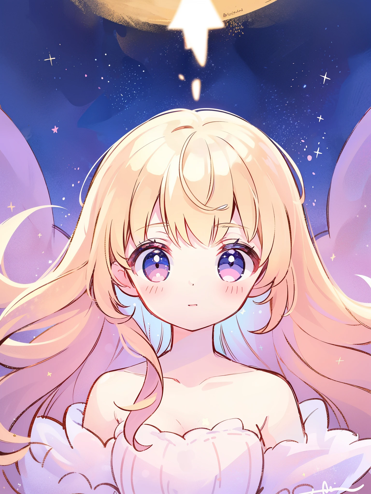 complex background, wishing star background, blue lilac hair, magical girl wearing an ethereal mystical pink translucent dress that reflects the stars, close up, sparkling detailed eyes, golden ratio face, perfect composition, complex drawing, highly detailed, ethereal, starry night, midjourney style