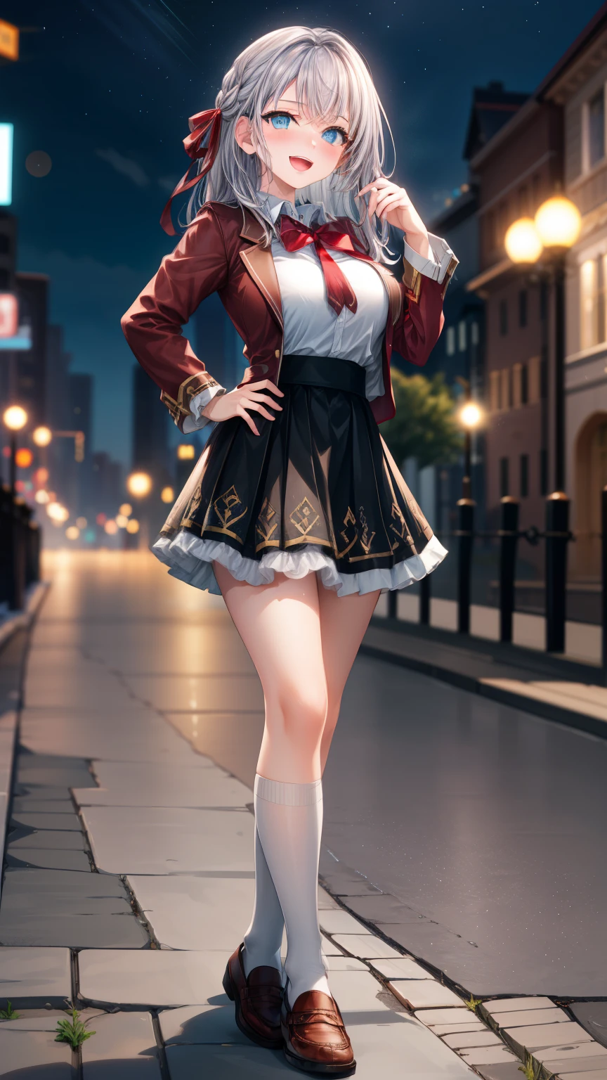 honoka dead or alive , steam , rain , plaid skirt , pleated skirt , Tight shirt , white Shirt , school girl , ( ( breasts, thick thighs, wide hips) , red bow , red knot , (masterpiece, best quality:1.2), solo, 1girl, honoka, smile, looking at viewer, hand on hip, one side up, skull hair ornament, , jacket, necktie, single glove, black gloves , white thighhighs
