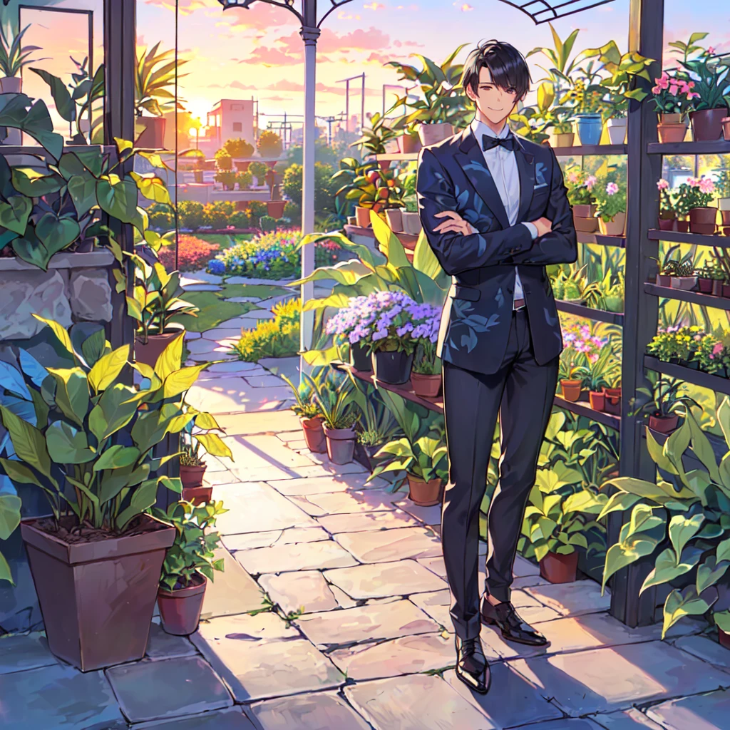masterpiece,best quality,high quality,(1 male austere handsome solo adult age 30 years old:1.5), purple eyes, cool with suspended eyes, V-shaped eyebrows, body strong and fearless 8.5 head tall, height 185cm, (well-groomed black short hair down to neck:1.4), (bangs 7 thirds parted:1.4), slender nose, facial muscles, throat, (pants in houseplant print fashion:1.3), (standing), (stylish pose), (fearless smile:1.3), (botanical garden full of houseplants in background:1.5), (sunset:1.2)