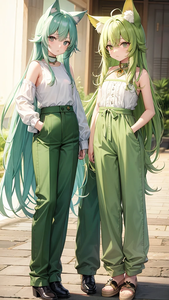 Pale green hair、Long Hair、Yellow、cute、Cat ear、Flat Chest、pants
