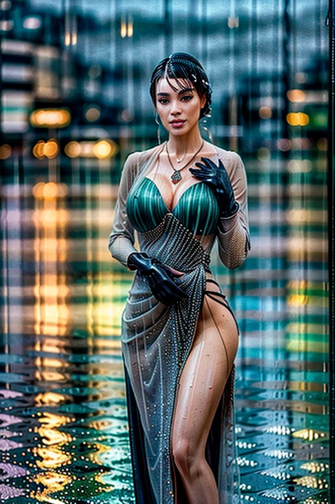 half body, a beautiful girl in an evening dress, long gloves, necklace and various accessories, in a busy downtown area with a lot of people at night on a rainy day, (rain is expressed by motion blur effect: 1.9), detailed face, elegant, cinematic lighting, high fashion, intricate dress design, flowing fabric, luxury, opulent, dramatic colors, rich tones, glamorous, ethereal, exquisite, (best quality,4k,8k,highres,masterpiece:1.2),ultra-detailed,(realistic,photorealistic,photo-realistic:1.37),HDR,UHD,studio lighting,ultra-fine painting,sharp focus,physically-based rendering,extreme detail description,professional,vivid colors,bokeh,fashion photography