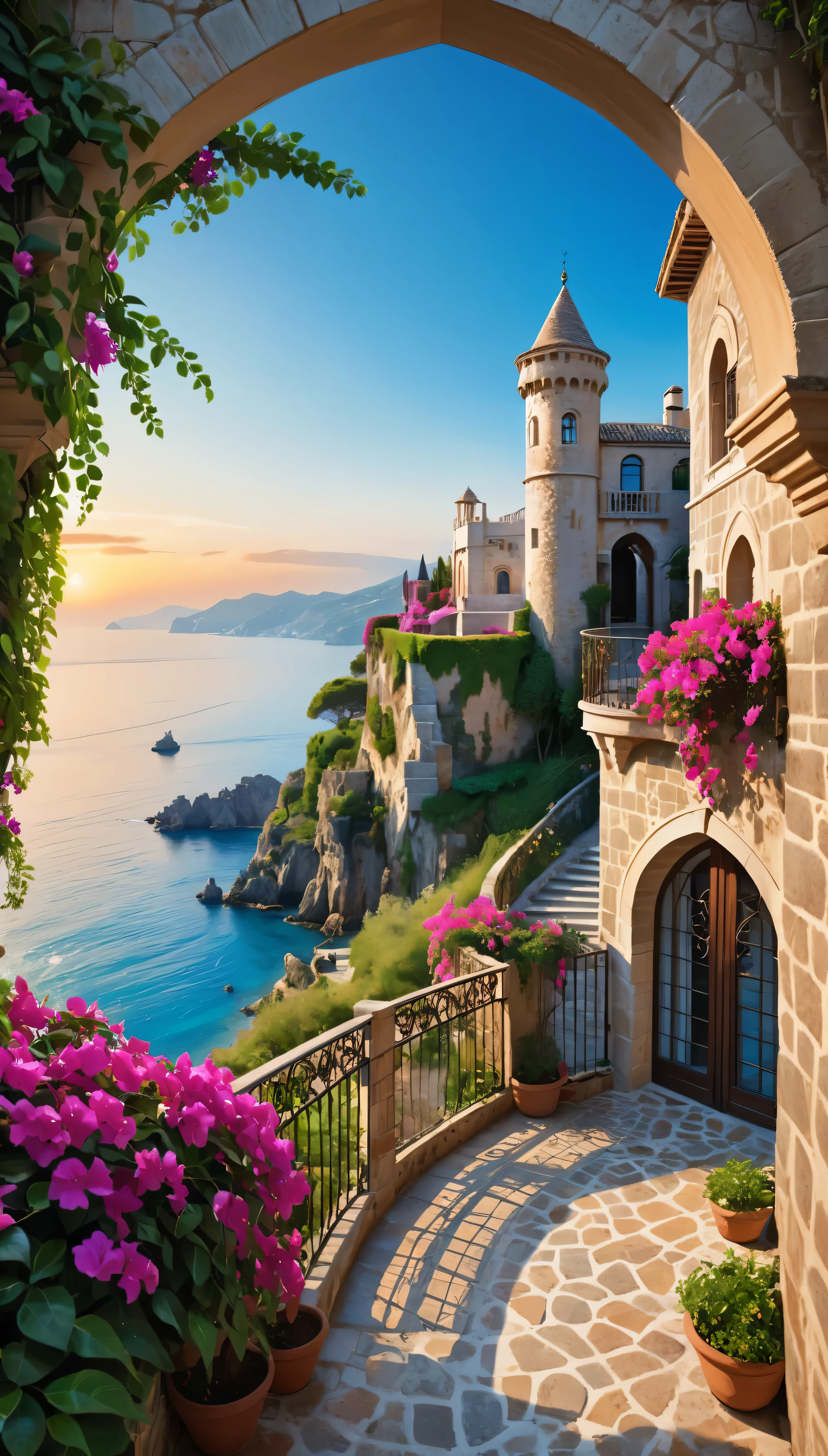 "(Highest quality,High resolution:1.2),Super detailed,Realistic:1.37,Amalfi Coast,Beautiful castle,Balcony with a view,sunny,Nice views,Mediterranean,Blue Water,coastline,Fairytale-like,The towering cliffs,Historical Buildings,Stone wall,Exquisite detail,Glamorous decoration,Lush greenery,Flowering Vines,Romantic atmosphere,Colorful bougainvillea,Cobblestone Street,Amazing sunset,Clear blue sky,Dreamy atmosphere,Elegant arched windows,Tall turret,Breathtaking panoramas,secluded paradise,Tranquility,Tranquility,Hidden gems,Awe-inspiring,Terrace Garden,seaside hideaway,Captivating Environment"