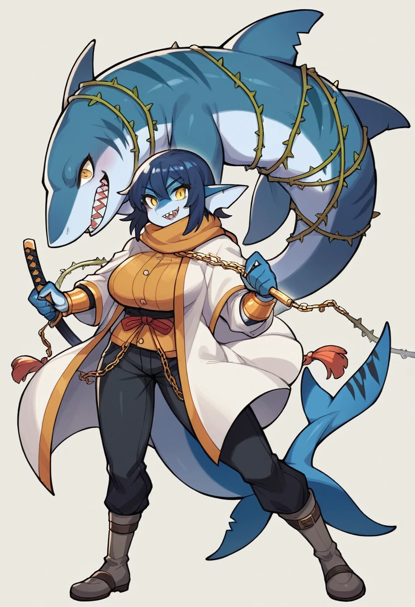 A 22 year old woman, anime styling, with shark features. She has yellow eyes, dark blue hair and a big smile with sharp teeth. Its skin is light blue and it has a tail., shark fins, she has a strong personality she has big breasts.
*vestimentas*
Wears a knee-length white cloak with an open coat and furry scarf, she wears black pants, her outfit has lilac and blue details
*Accessories*
She has a spoon of thorns around her neck, a golden bracelet with thorns and chains, She uses a katana with a light blue blade and a black handle with gold details.
