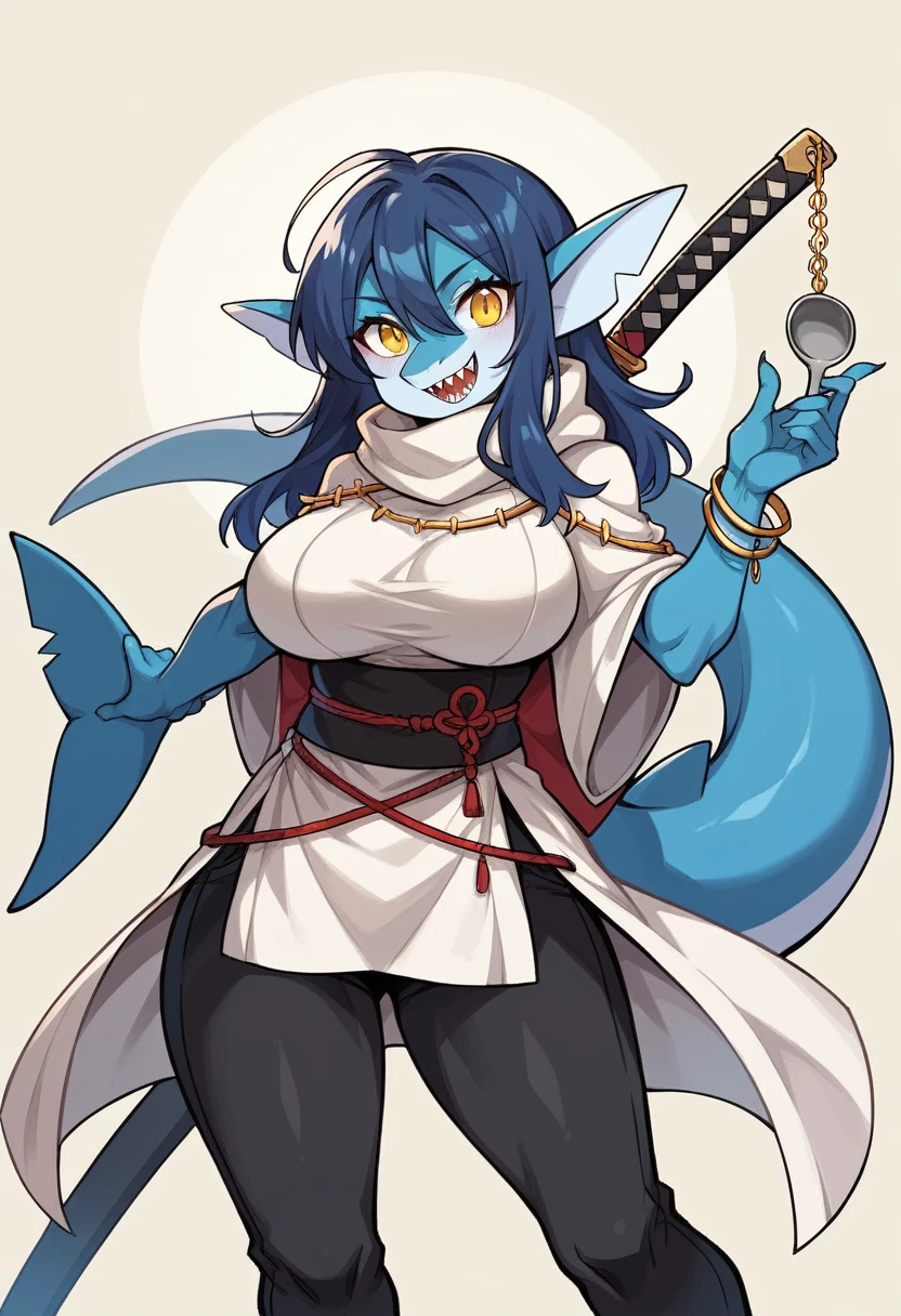 A 22 year old woman, anime styling, with shark features. She has yellow eyes, dark blue hair and a big smile with sharp teeth. Its skin is light blue and it has a tail., shark fins, she has a strong personality she has big breasts.
*vestimentas*
Wears a knee-length white cloak with an open coat and furry scarf, she wears black pants, her outfit has lilac and blue details
*Accessories*
She has a spoon of thorns around her neck, a golden bracelet with thorns and chains, She uses a katana with a light blue blade and a black handle with gold details.