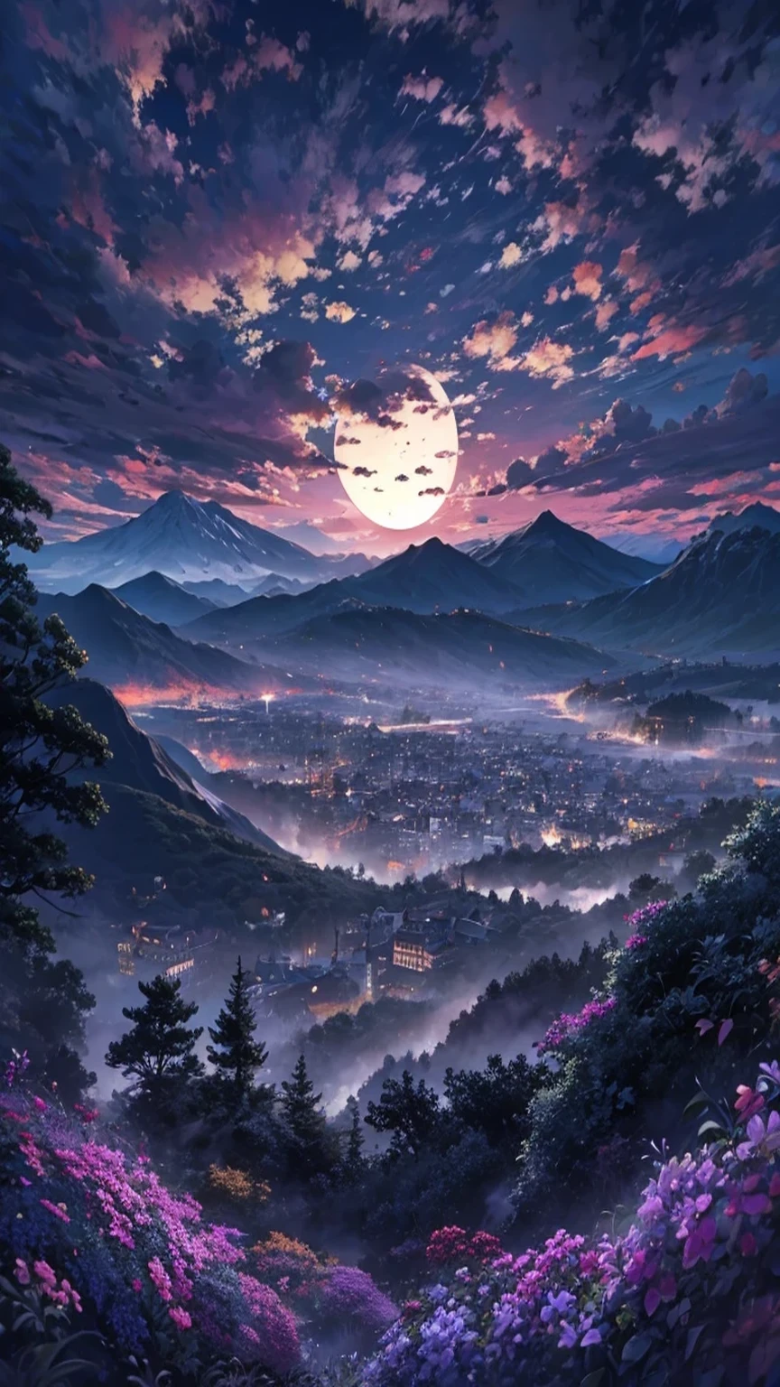 ((Highest quality)),(Ultra-high resolution),(Ultra-detailed new),(Detailed Description),((The best CG)),(masterpiece),Highly detailed art,A wonderful new art form,(Art with precise details:1.5), milky way, spring, Mountain, moon, cloud