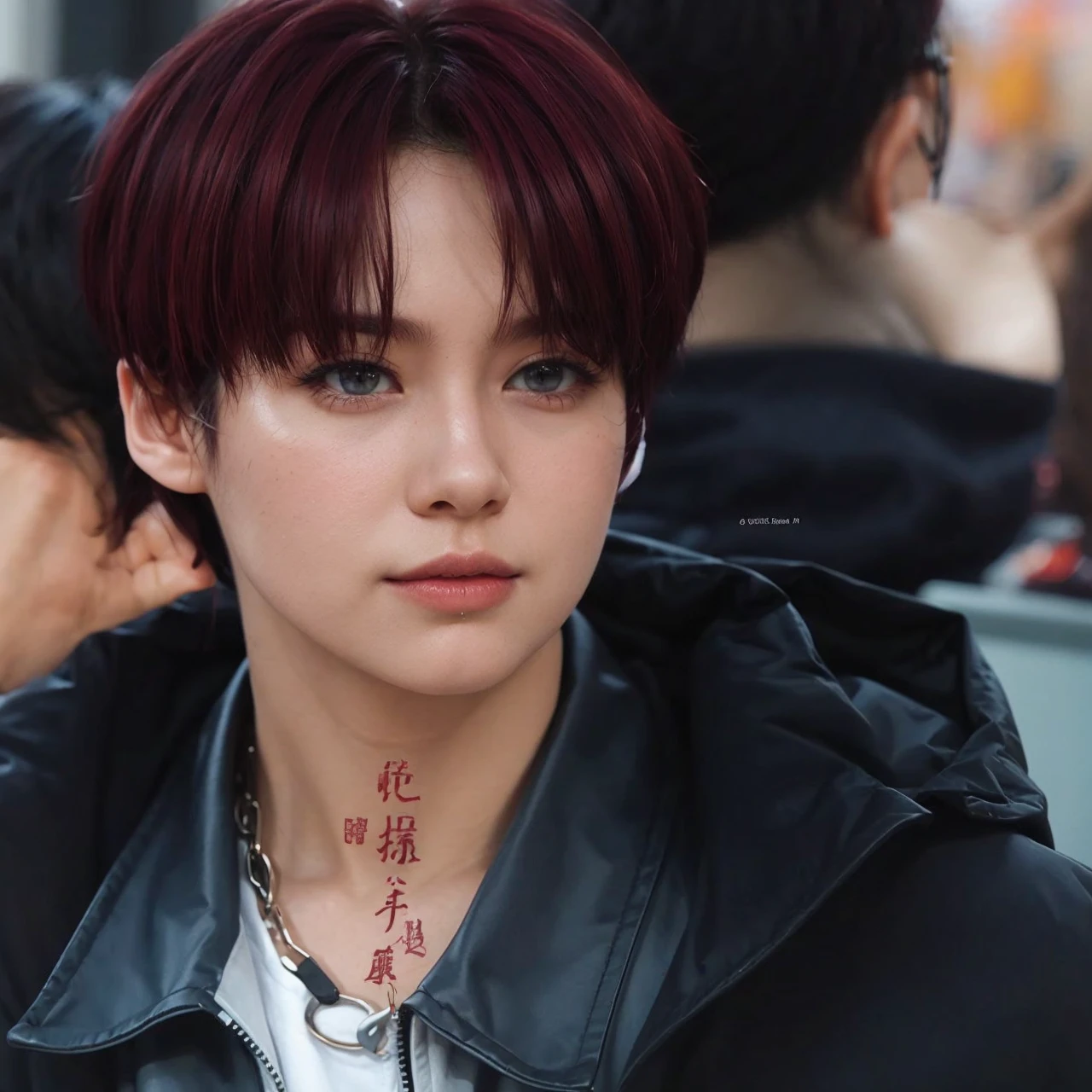 Add glasses and change hair color to dark red