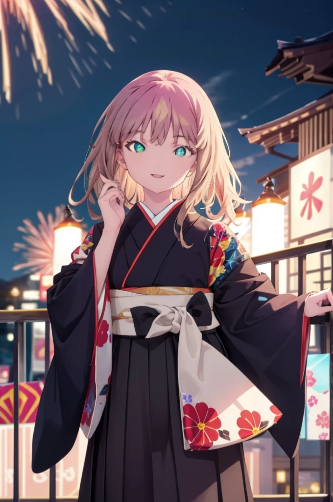 Yume Minami,sss dynazenon ,Brown Hair,Green Eyes,hair tied back,Flower hair ornament,Black Japanese Clothing,Thick sleeves,Long skirt,Sandals,So that the whole body goes into the illustration,smile,Fireworks in the night sky,Fireworks,The place is a fireworks display、Time is night,日本のFestivalり，夏Festivalりの屋台、Red lantern,break outdoors, Festival,break looking at viewer, Upper Body,(Cowboy Shot:1. 5) , break (masterpiece:1.2), Highest quality, High resolution, unity 8k wallpaper, (shape:0.8), (Beautiful and beautiful eyes:1.6), Highly detailed face, Perfect lighting, Extremely detailed CG, (Perfect hands, Perfect Anatomy),