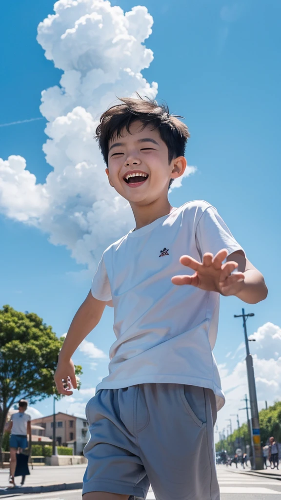 masterpiece, best quality, A young boy laughing happily on the street，Blue sky and white clouds in the background