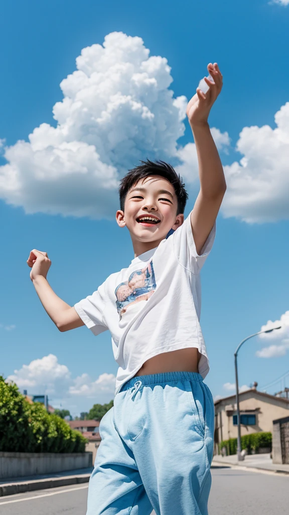 masterpiece, best quality, A young boy laughing happily on the street,Blue sky and white clouds in the background