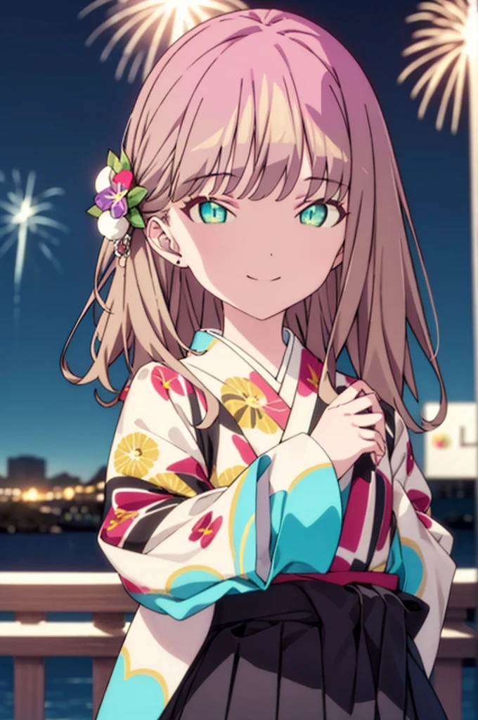 Yume Minami,sss dynazenon ,Brown Hair,Green Eyes,hair tied back,Flower hair ornament,Black Japanese Clothing,Thick sleeves,Sandals,So that the whole body goes into the illustration,smile,Fireworks in the night sky,Fireworks,The place is a fireworks display、Time is night,break outdoors, Festival,break looking at viewer, Upper Body,(Cowboy Shot:1. 5) , break (masterpiece:1.2), Highest quality, High resolution, unity 8k wallpaper, (shape:0.8), (Beautiful and beautiful eyes:1.6), Highly detailed face, Perfect lighting, Extremely detailed CG, (Perfect hands, Perfect Anatomy),