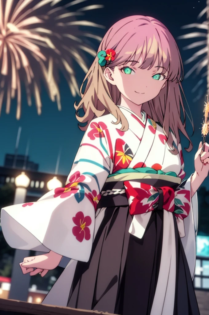 Yume Minami,sss dynazenon ,Brown Hair,Green Eyes,hair tied back,Flower hair ornament,Black Japanese Clothing,Thick sleeves,Sandals,So that the whole body goes into the illustration,smile,Fireworks in the night sky,Fireworks,The place is a fireworks display、Time is night,break outdoors, Festival,break looking at viewer, Upper Body,(Cowboy Shot:1. 5) , break (masterpiece:1.2), Highest quality, High resolution, unity 8k wallpaper, (shape:0.8), (Beautiful and beautiful eyes:1.6), Highly detailed face, Perfect lighting, Extremely detailed CG, (Perfect hands, Perfect Anatomy),
